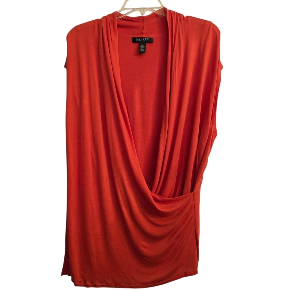 Ralph Lauren Vibrant Orange Faux Wrap Draped Short Sleeve Blouse